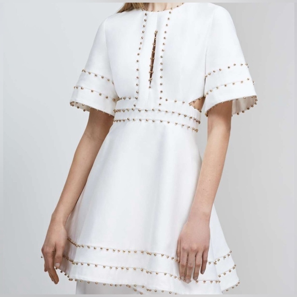 Avantlook Women's S Ivory Dress Gold Beaded Trim Cut Out Sides NWT - Picture 1 of 8
